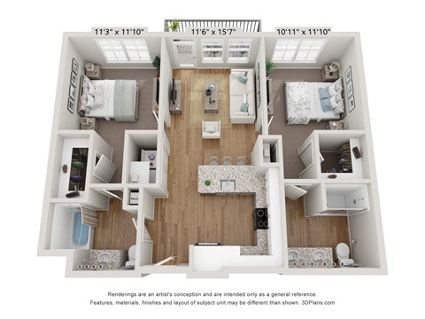 Floor plan for 2 beds, 2 baths, 917 sqft